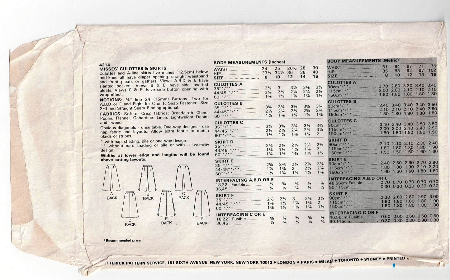 Butterick 4214 Womens Flared Culottes & Skirts 1980s Vintage Sewing Pattern Size 10 or 12