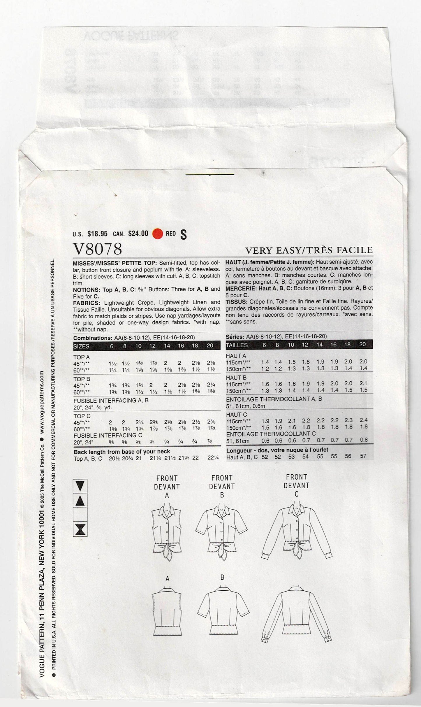 Patrón de costura de blusa para mujer Vogue 8078 muy fácil con peplum atado al frente, agotado, talla 12-16, sin cortar, doblado de fábrica