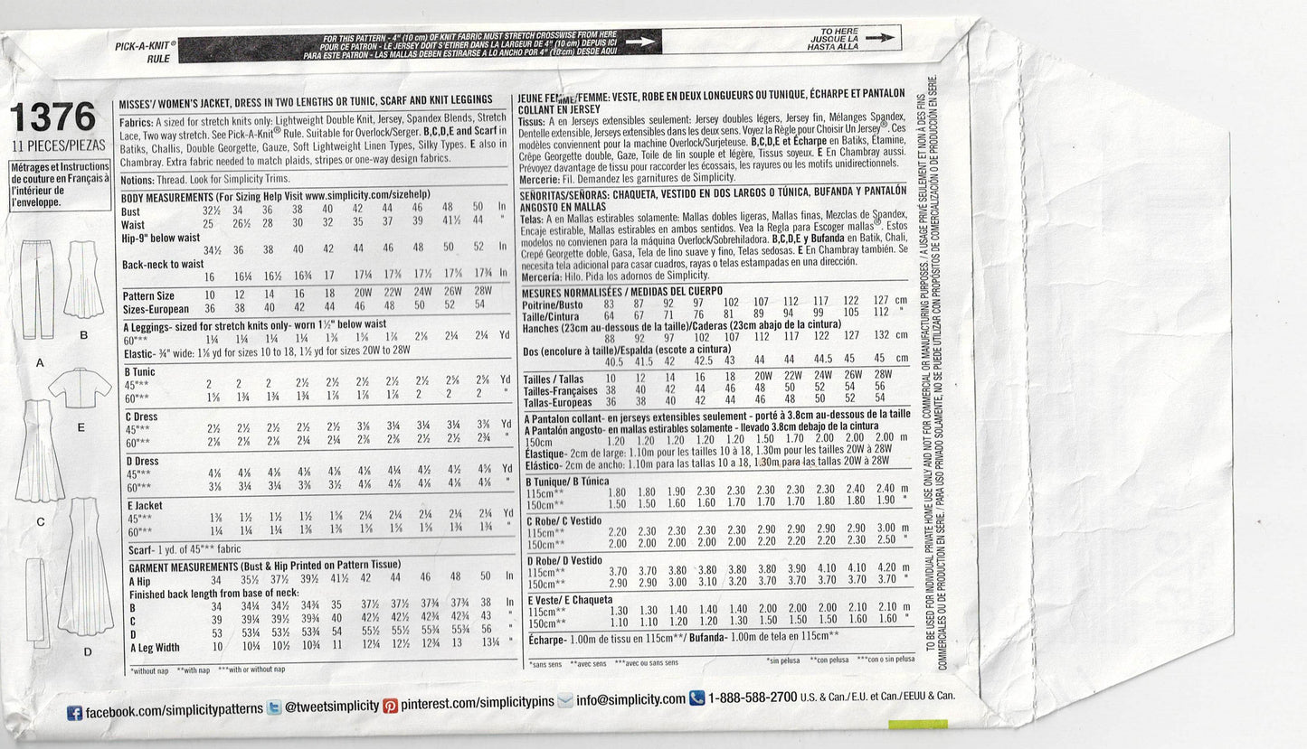 Simplicity 1376 Womens Plus Size Summer Capsule Wardrobe Out Of Print Sewing Pattern Size 20W - 28W UNCUT Factory Folded