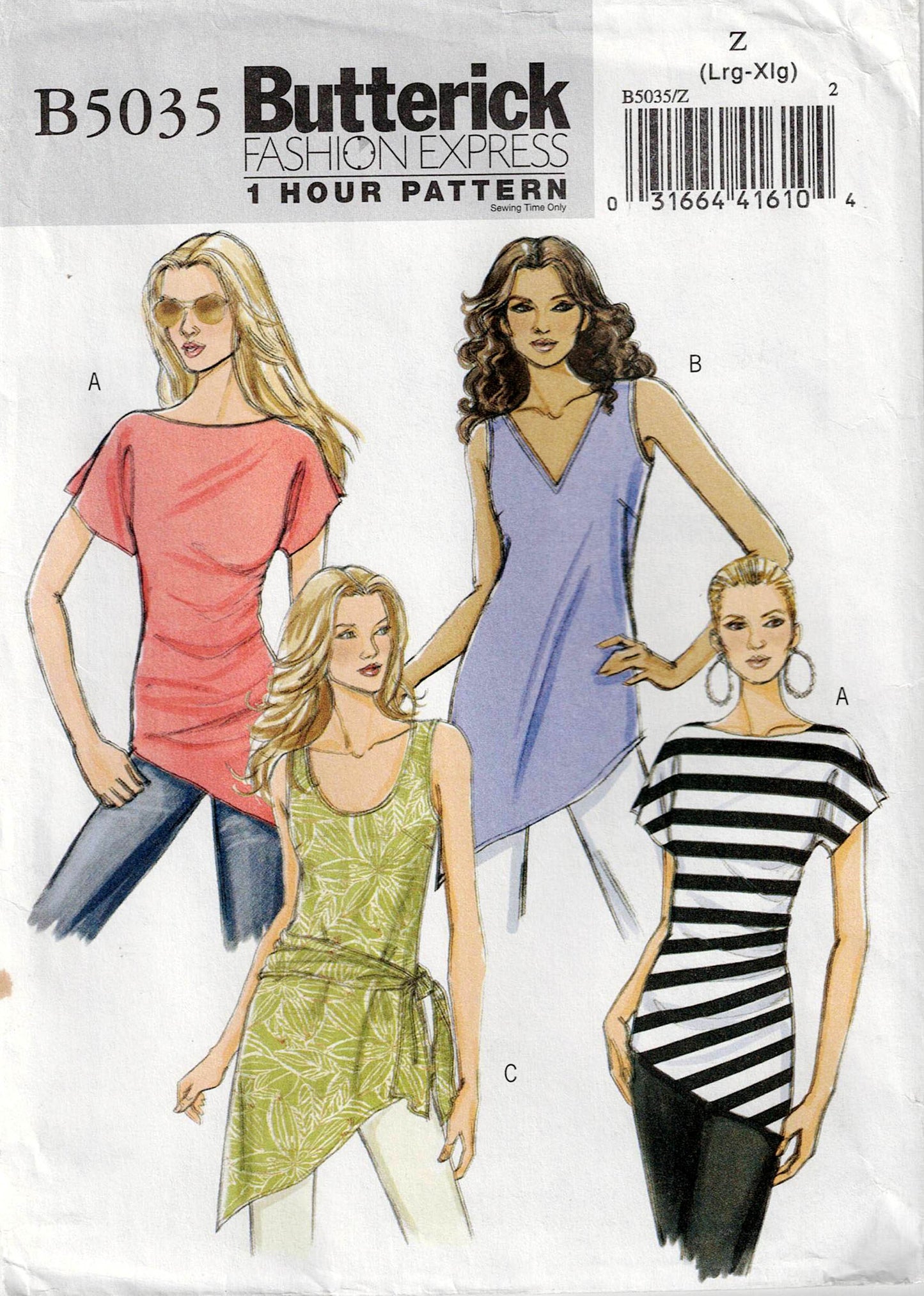 Patrón de costura Butterick 5035 para túnicas y fajas asimétricas de punto elástico para mujer, fácil de usar, en 1 hora, agotado, tallas XS-M o L-XL, sin cortar, doblado de fábrica