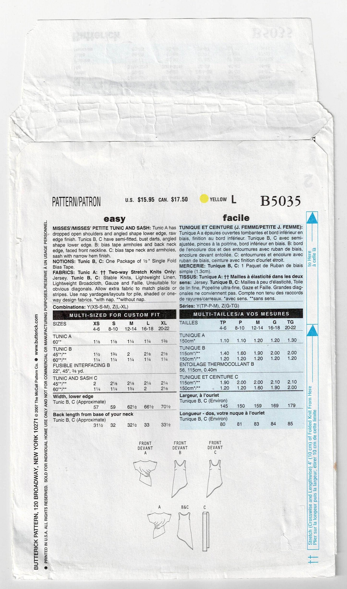 Patrón de costura Butterick 5035 para túnicas y fajas asimétricas de punto elástico para mujer, fácil de usar, en 1 hora, agotado, tallas XS-M o L-XL, sin cortar, doblado de fábrica