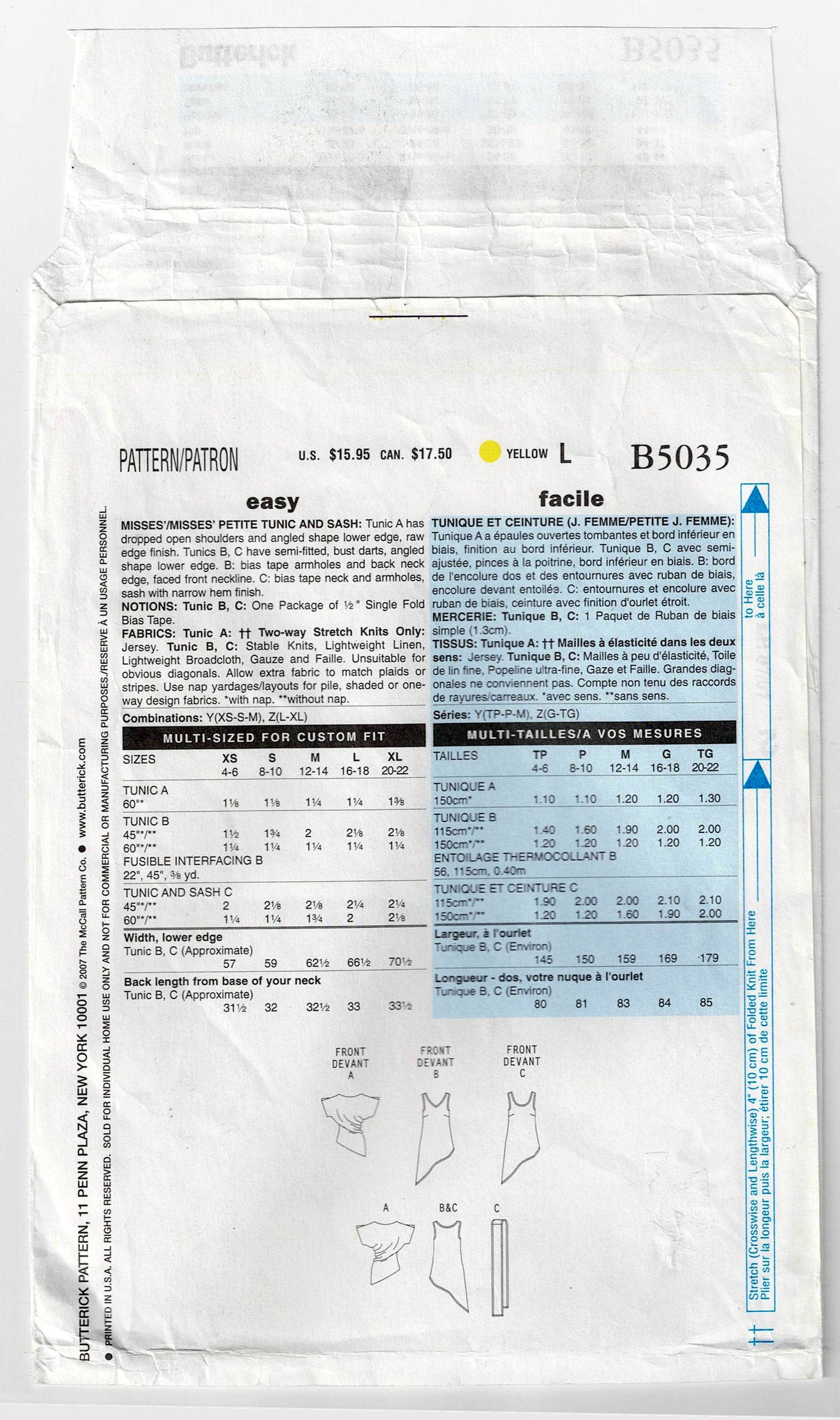 Patrón de costura Butterick 5035 para túnicas y fajas asimétricas de punto elástico para mujer, fácil de usar, en 1 hora, agotado, tallas XS-M o L-XL, sin cortar, doblado de fábrica