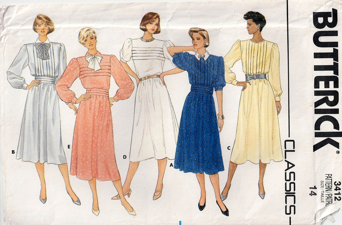 Butterick 3412 Womens Tucked Front Dress with Puff Sleeves & Cummerbund 1980s Vintage Sewing Pattern Size 14 Bust 36 Inches UNCUT Factory Folded