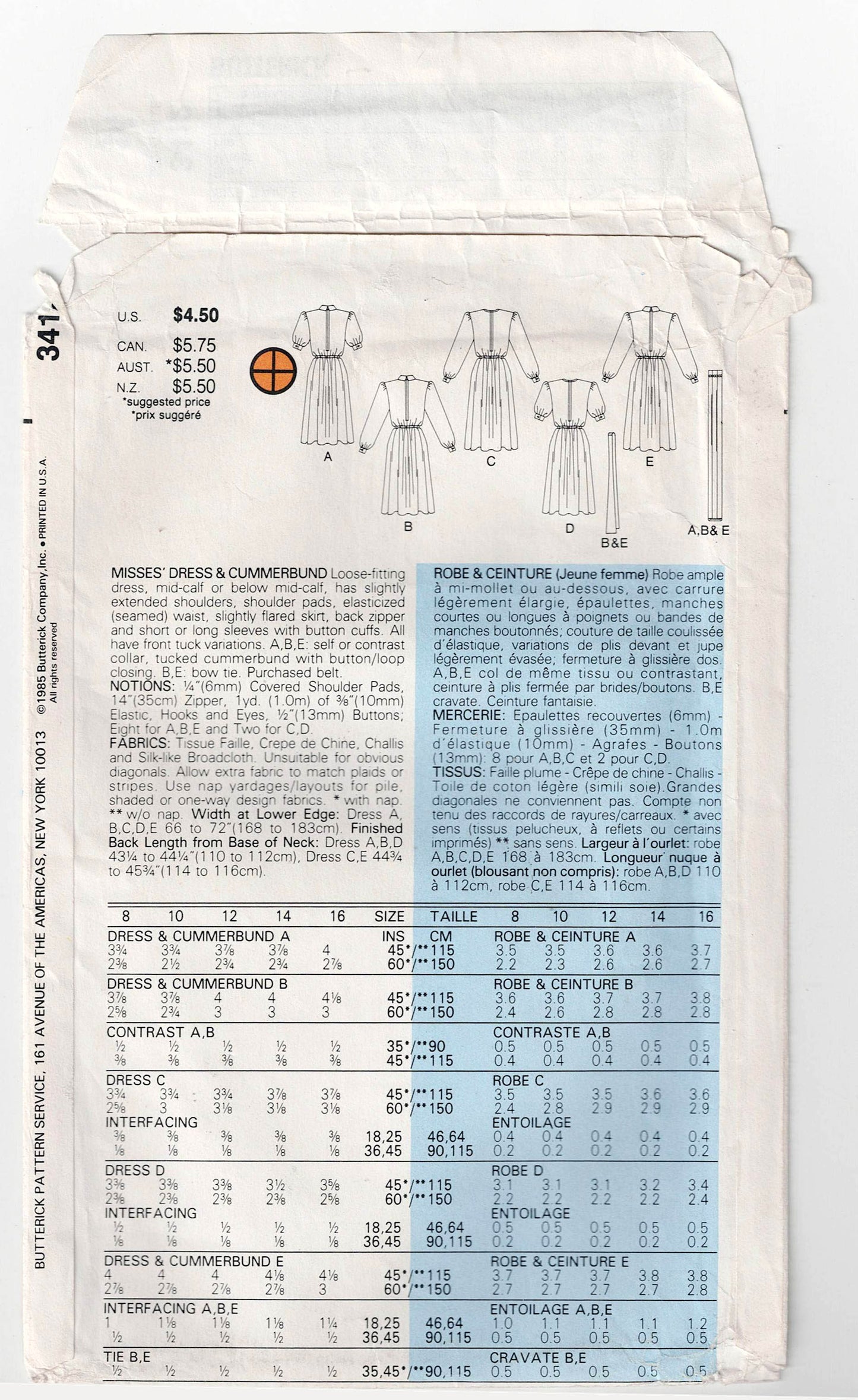 Butterick 3412 Womens Tucked Front Dress with Puff Sleeves & Cummerbund 1980s Vintage Sewing Pattern Size 14 Bust 36 Inches UNCUT Factory Folded