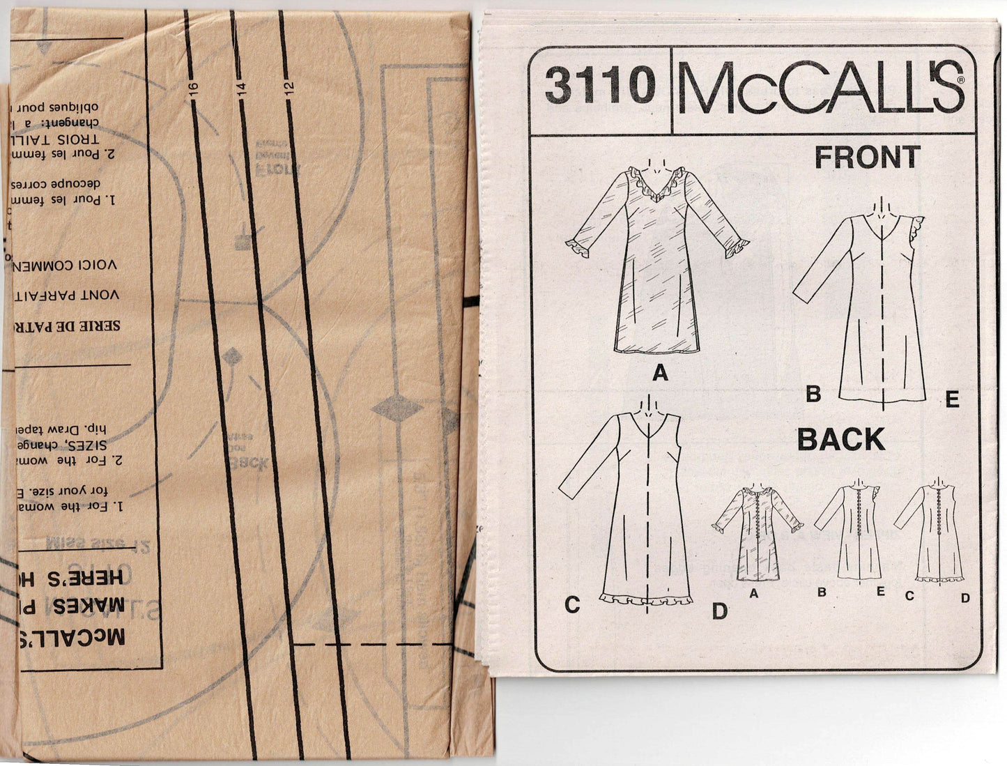 Patrón de costura agotado para vestido de mujer McCall's 3110 en forma de A con sobrevestido opcional y dobladillo con volados, talla 12-16, sin cortar, doblado de fábrica