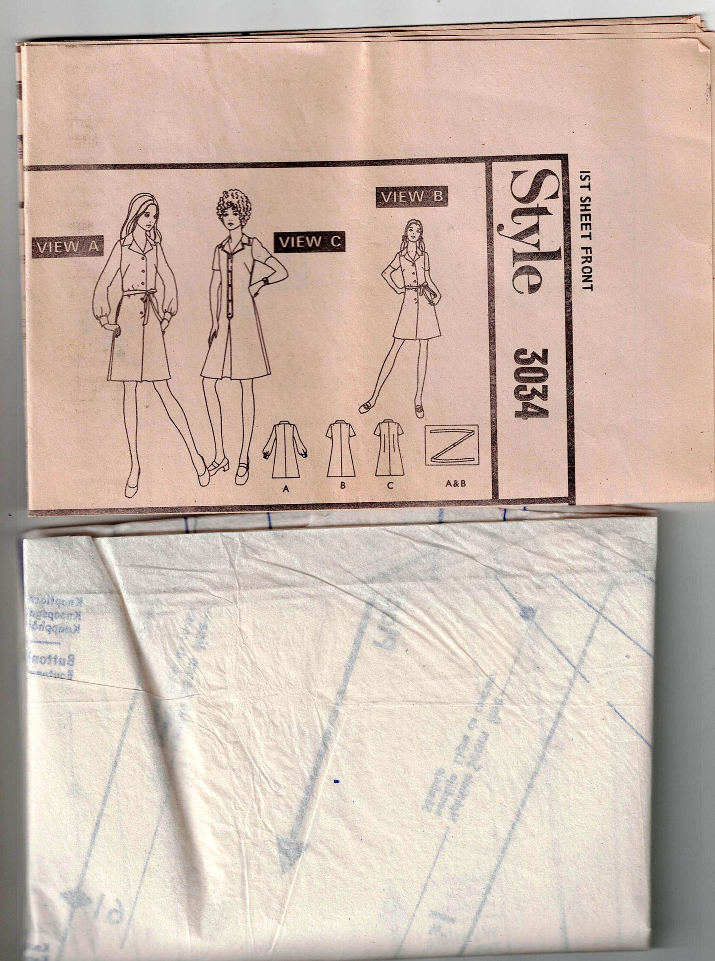 Style 3034 Womens Classic Fit & Flared Shirtdress 1970s Vintage Sewing Pattern Size 12 or 14