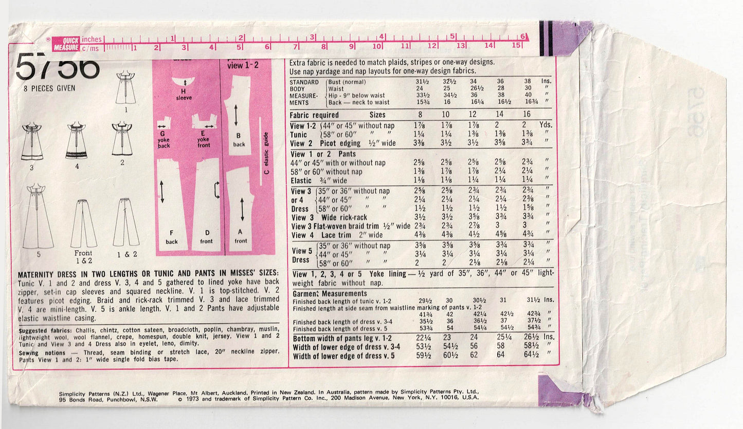 Simplicity 5756 Womens Retro Maternity Dress Tunic & Pants 1970s Vintage Sewing Pattern Size 12 Bust 32.5 inches