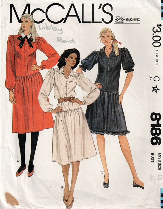 McCall's 8186 Womens Drop Waisted Puffy Sleeved Shirtdress 1980s Vintage Sewing Pattern Size 12 Bust 34 inches