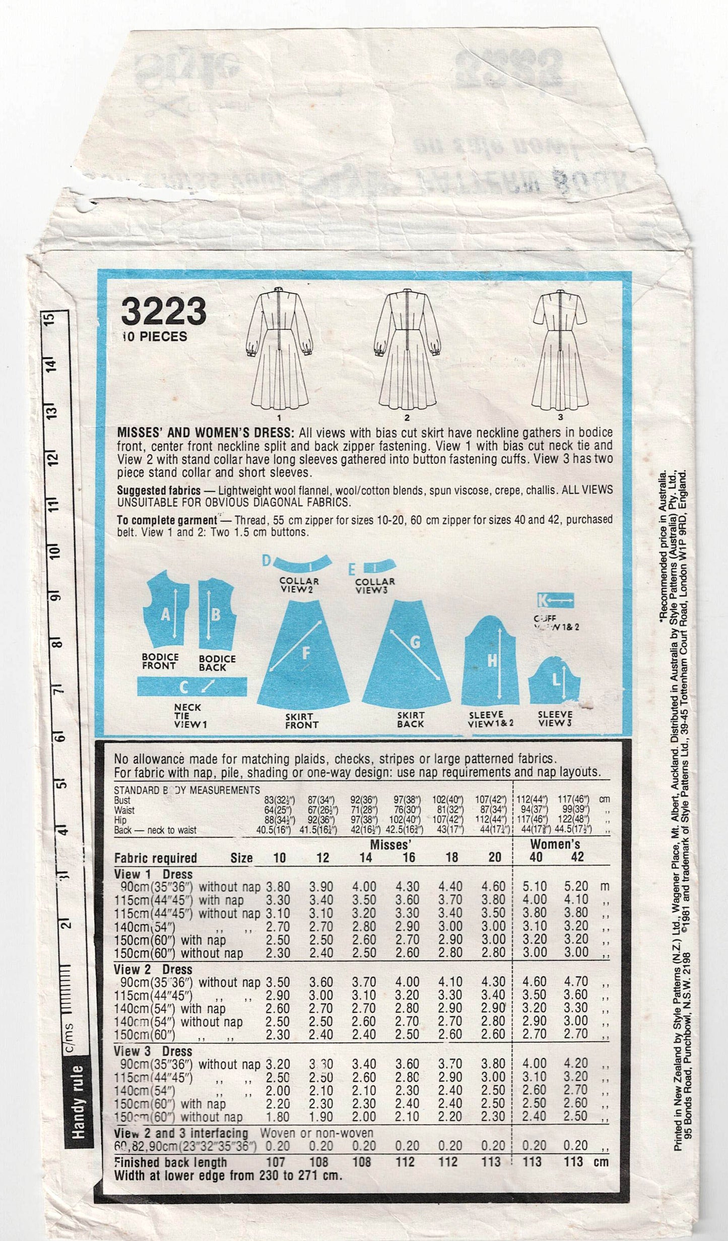 Style 3223 Womens High Collar Fit & Flared Dress 1980s Vintage Sewing Pattern Size 12 Bust 34 inches