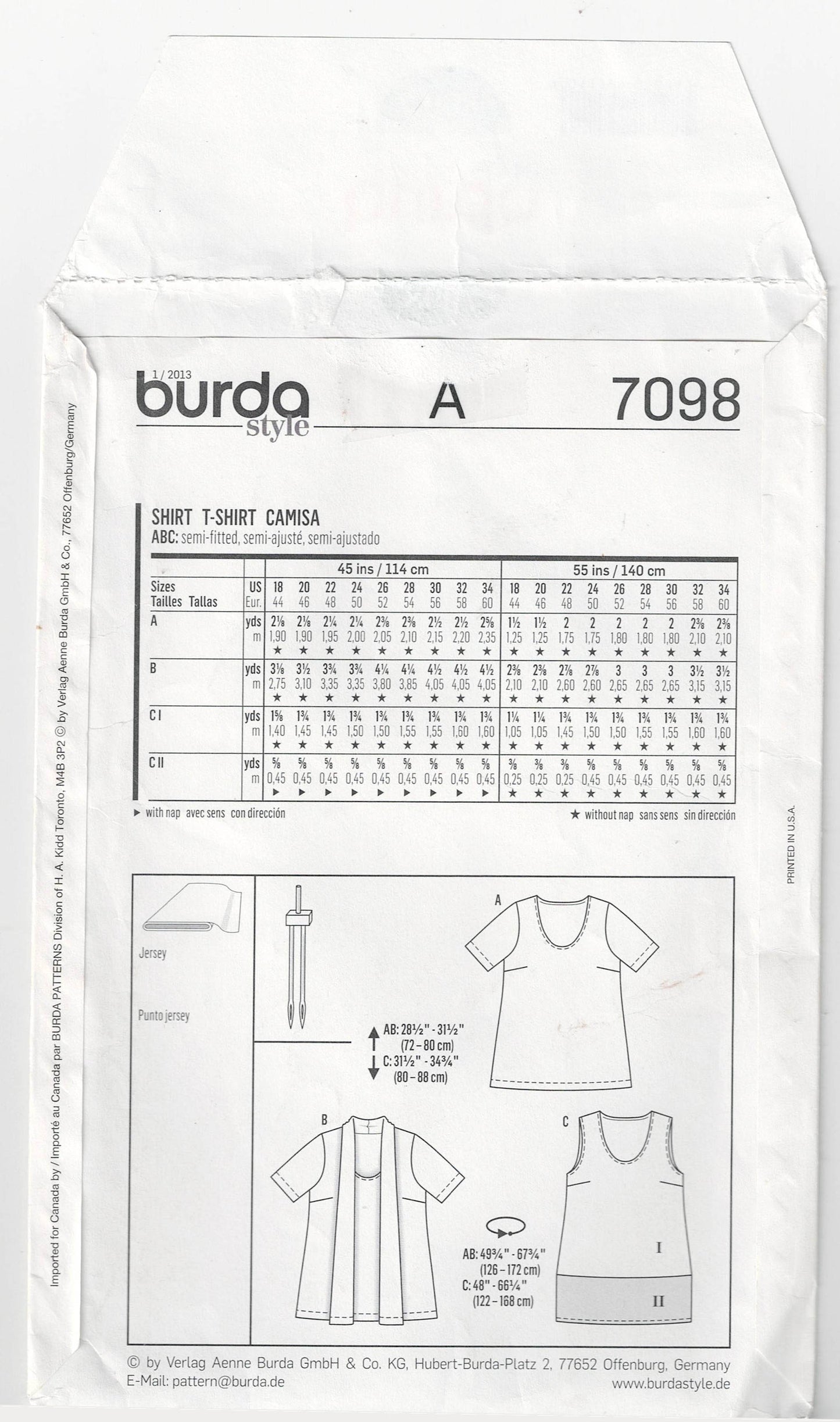 Burda Style 7098 Womens PLUS SIZE Stretch T Shirts with Optional Attached Jacket Out Of Print Sewing Pattern Sizes 18 - 34 UNCUT Factory Folded