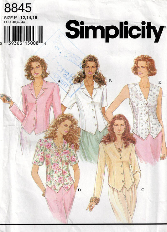 Patrón de costura vintage de los años 90 para blusas princesas con dobladillo en punta y lazos para mujer Simplicity 8845, talla 12-16, doblado de fábrica sin cortar