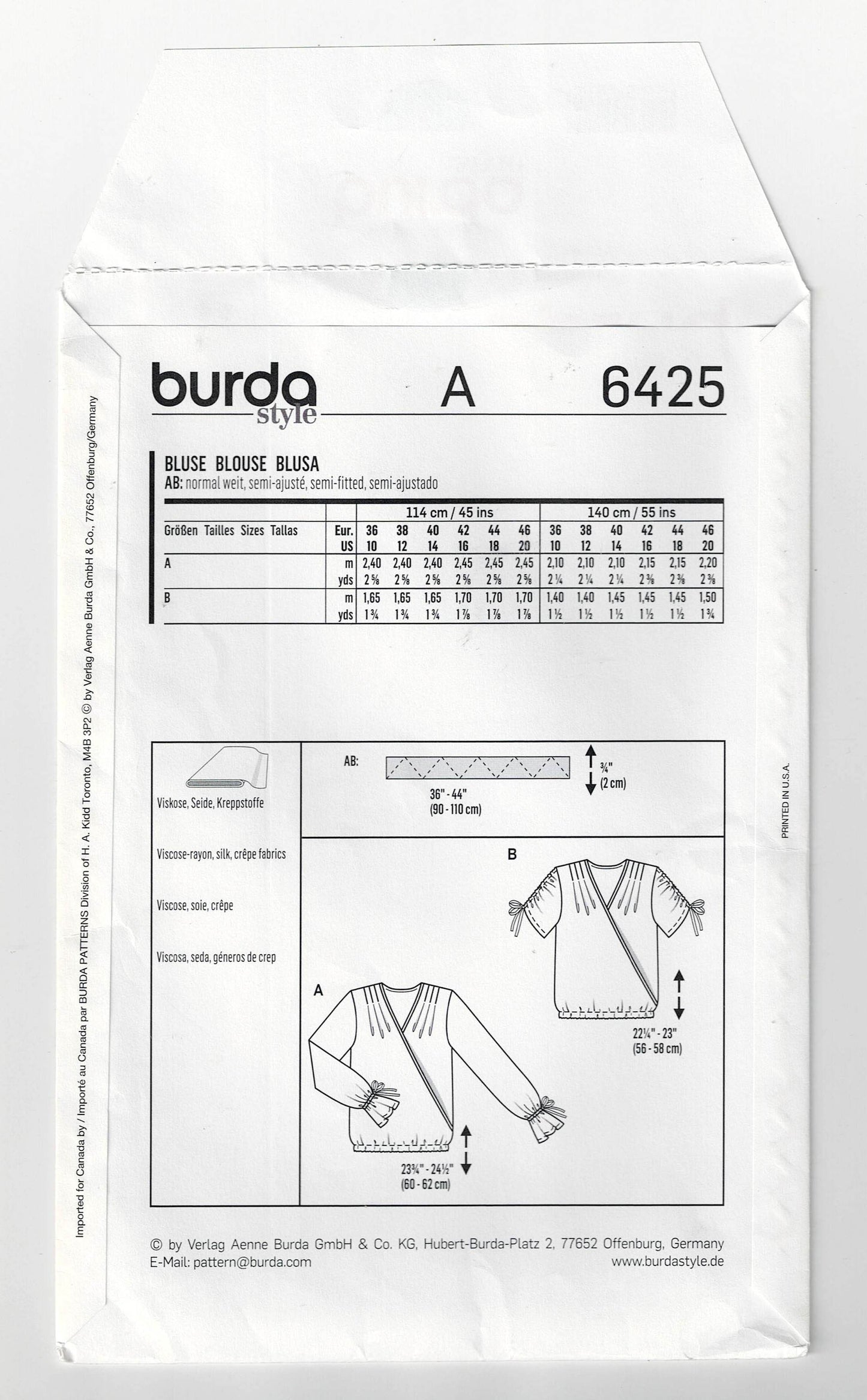 Patrón de costura Burda Style 6425 para jerseys cruzados fáciles de usar para mujer, agotado, tallas 10 a 20, sin cortar, doblado de fábrica