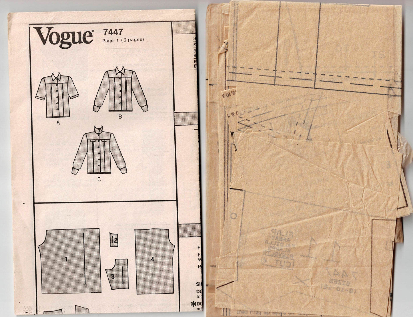 Vogue 7447 Womens Pleat Front Blouses 1980s Vintage Sewing Pattern Size 8 - 12