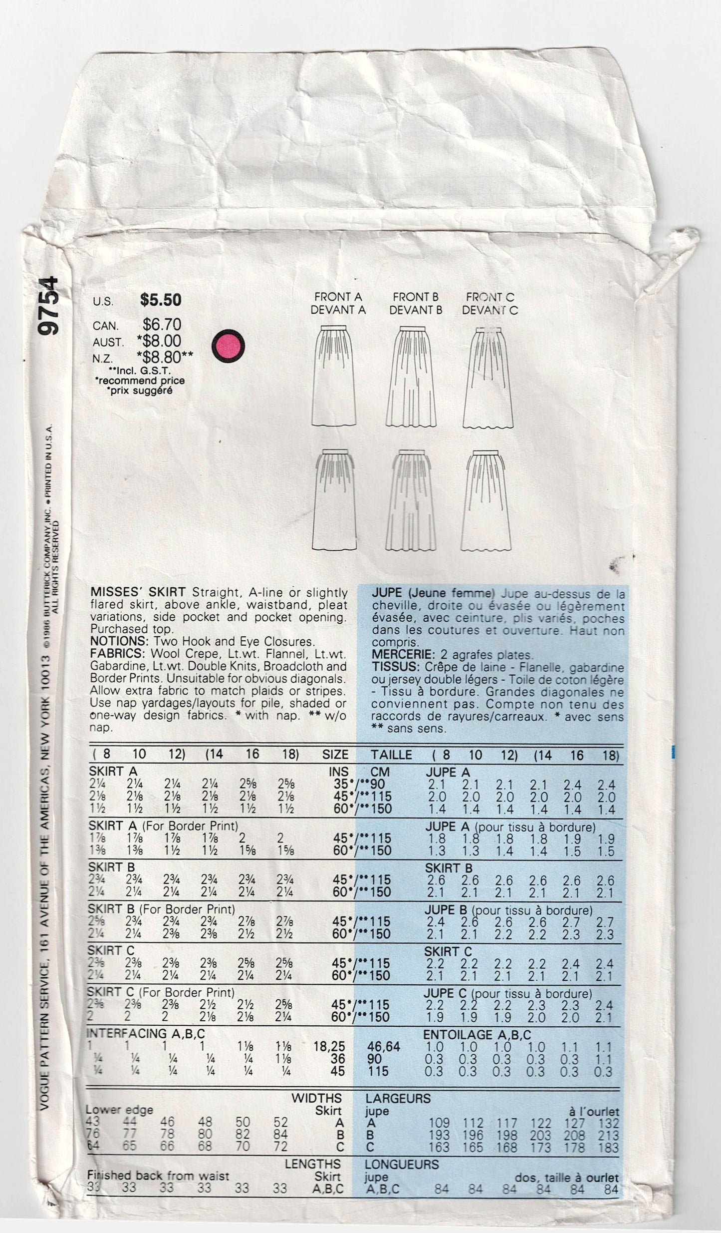 Vogue 9754 Womens Pleated Skirts 1980s Vintage Sewing Pattern Size 14 - 18 UNCUT Factory Folded