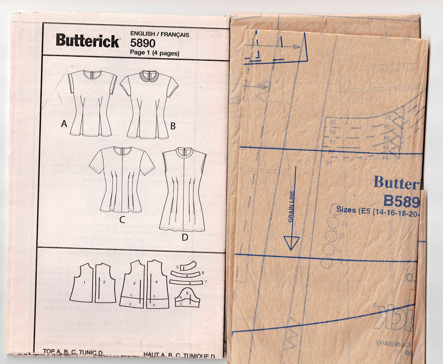 Patrón de costura Butterick 5890 para blusas o túnicas para mujer, rápido y fácil, con pliegues en la cintura, agotado, tallas 14 a 22, sin cortar, doblado de fábrica