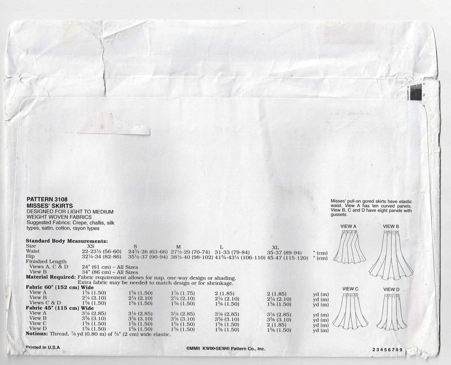 Kwik Sew 3108 Womens Panelled Skirts with Optional Godets Out Of Print Sewing Pattern Size XS - XL UNCUT Factory Folded