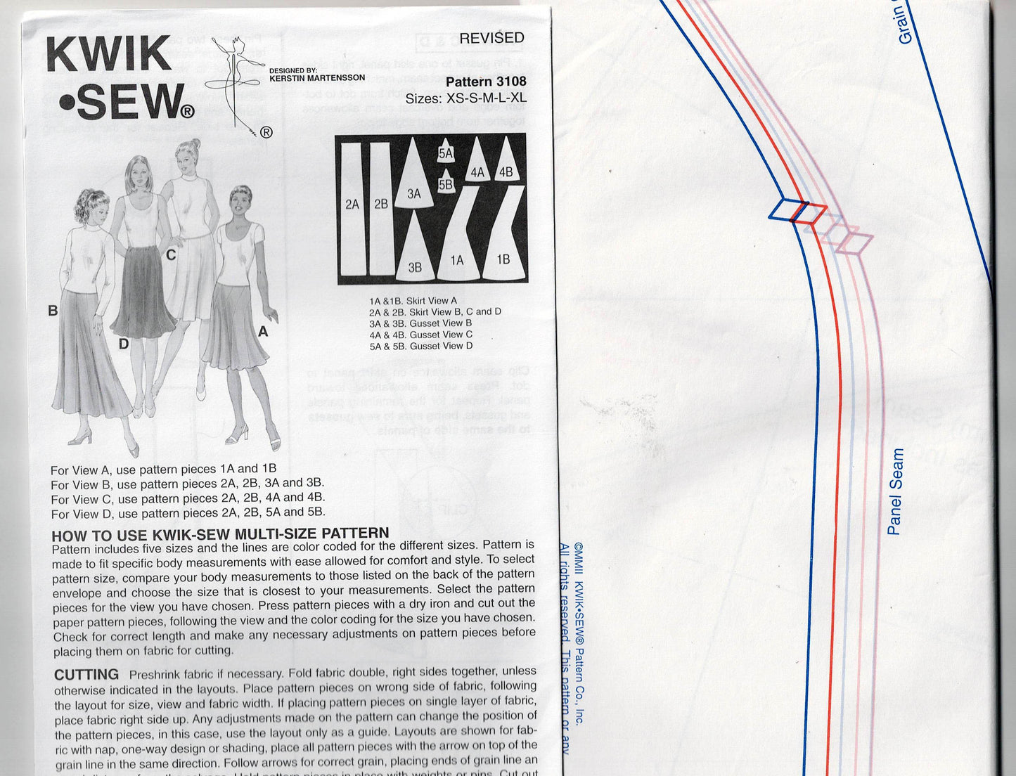 Kwik Sew 3108 Womens Panelled Skirts with Optional Godets Out Of Print Sewing Pattern Size XS - XL UNCUT Factory Folded