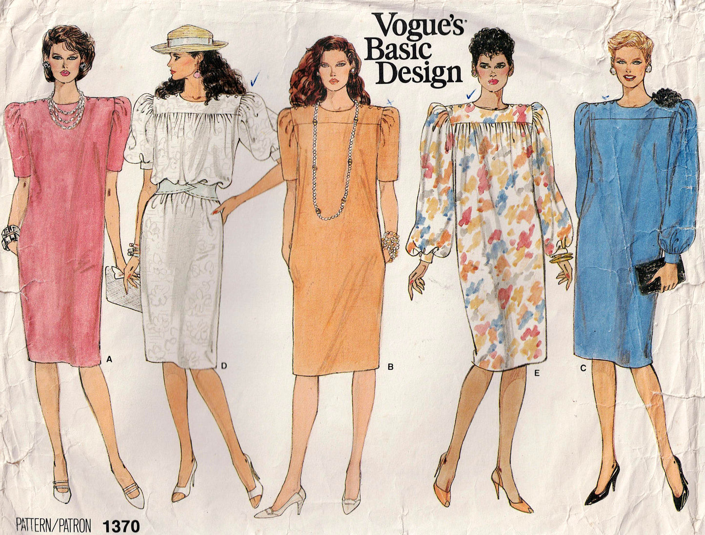 Vogue Basic Design 1370 Womens Straight Smock Yoked Dresses 1980s Vintage Sewing Pattern Size 16 Bust 38 inches