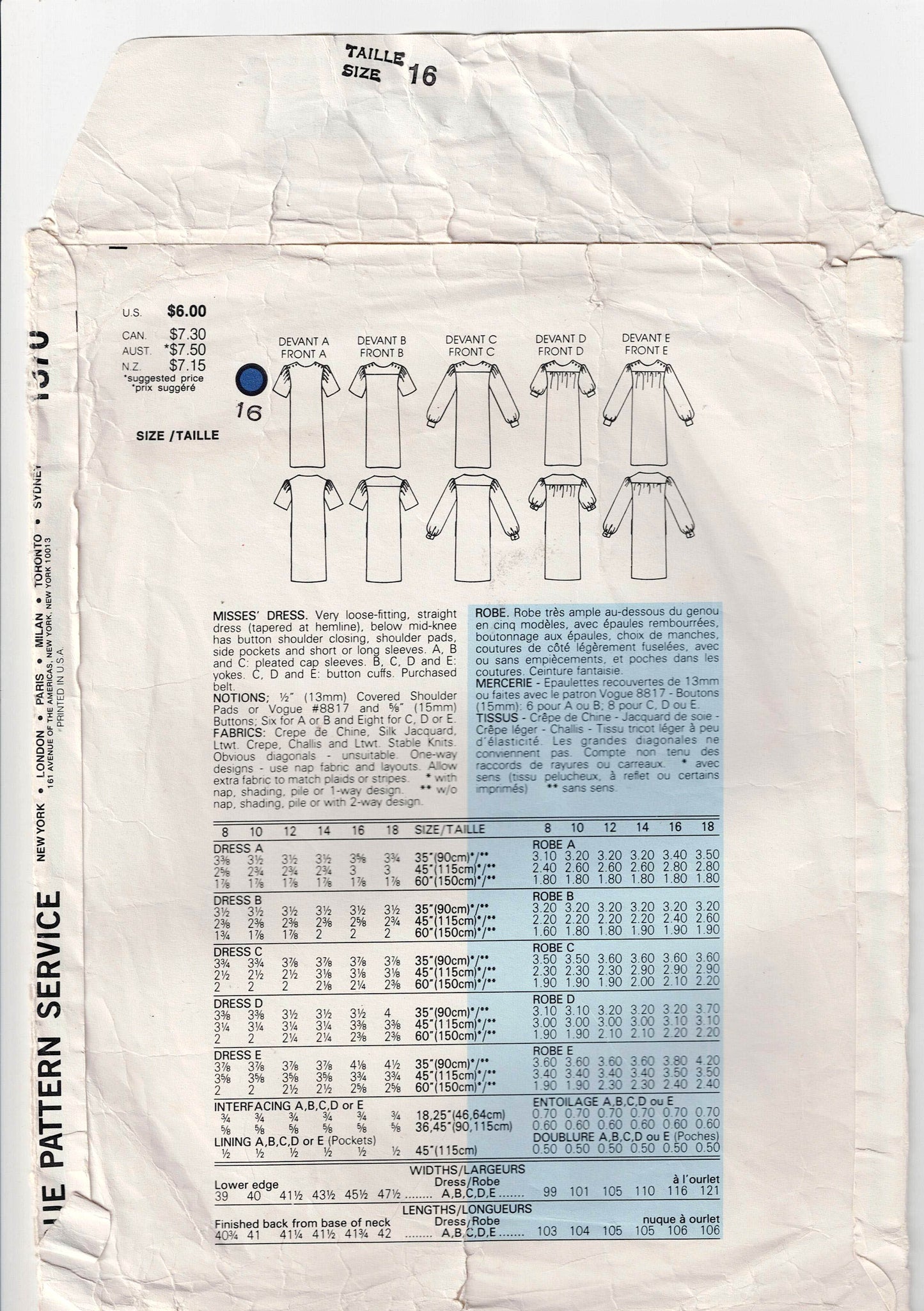 Vogue Basic Design 1370 Womens Straight Smock Yoked Dresses 1980s Vintage Sewing Pattern Size 16 Bust 38 inches