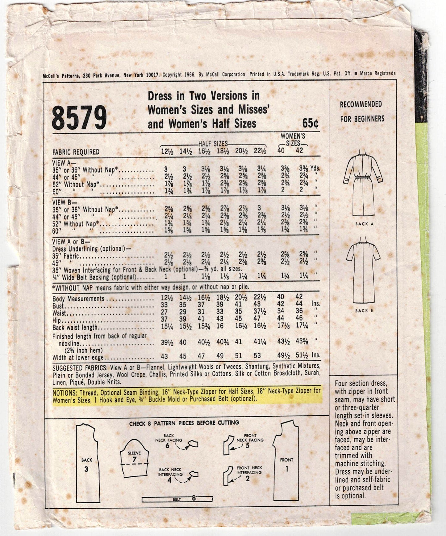 McCall's 8579 Womens EASY Half Sized Shift Dress 1960s Vintage Sewing Pattern Bust 35 Inches