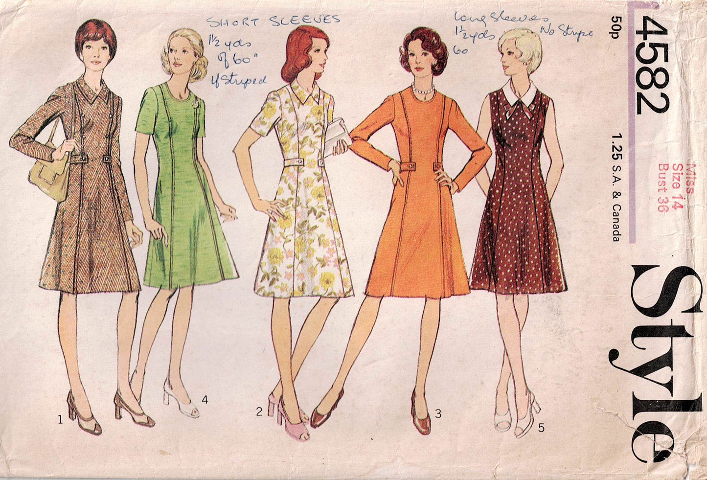 Style 4582 Womens Fit & Flared Panelled Dress 1970s Vintage Sewing Pattern Size 14 Bust 36 inches