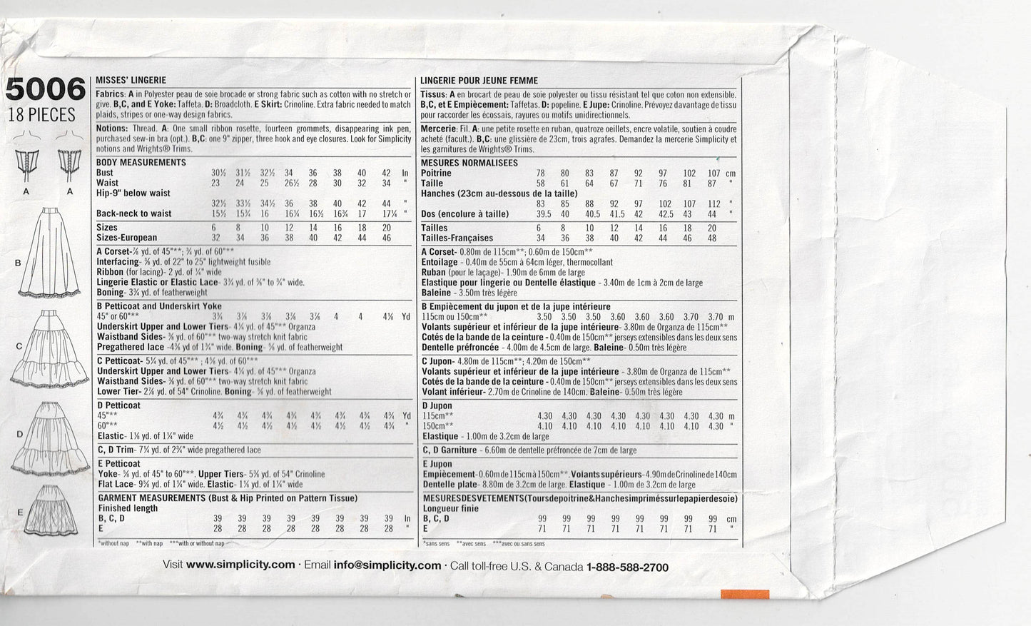 Patrón de costura agotado para lencería romántica femenina Simplicity 5006, corsé y enaguas, talla 14-20, sin cortar, doblado de fábrica