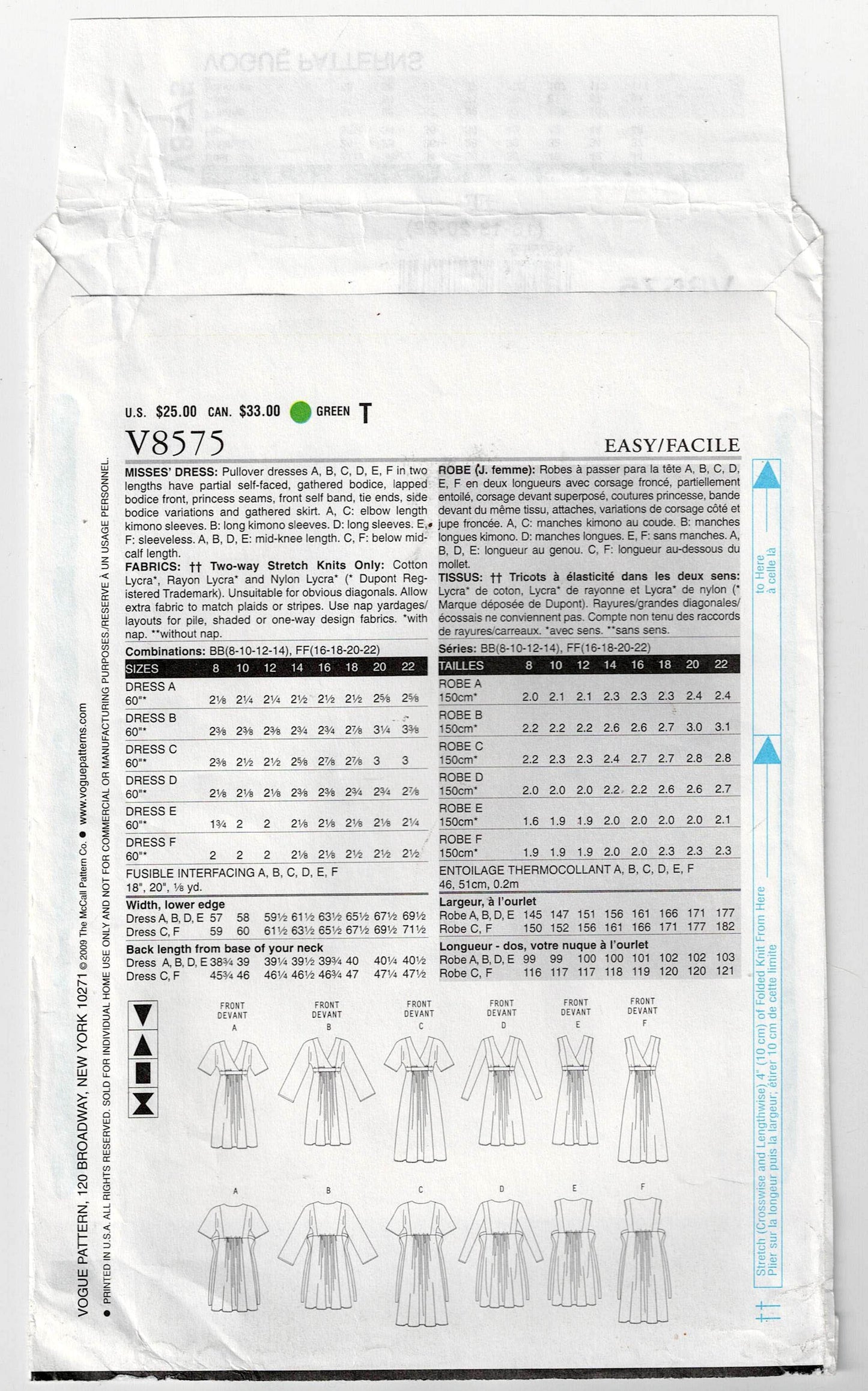 Patrón de costura agotado para vestido de punto con corpiño cruzado simulado Vogue 8575 para mujer, talla 16-22, sin cortar, doblado de fábrica