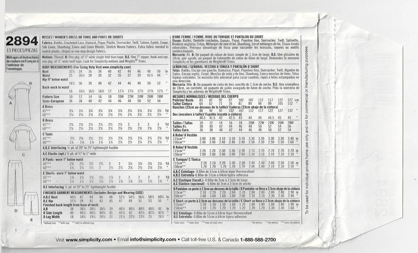 Patrón de costura Simplicity 2894 para vestido, túnica, pantalones y pantalones cortos para mujer, agotado, tallas 10 a 18, sin cortar, doblado de fábrica