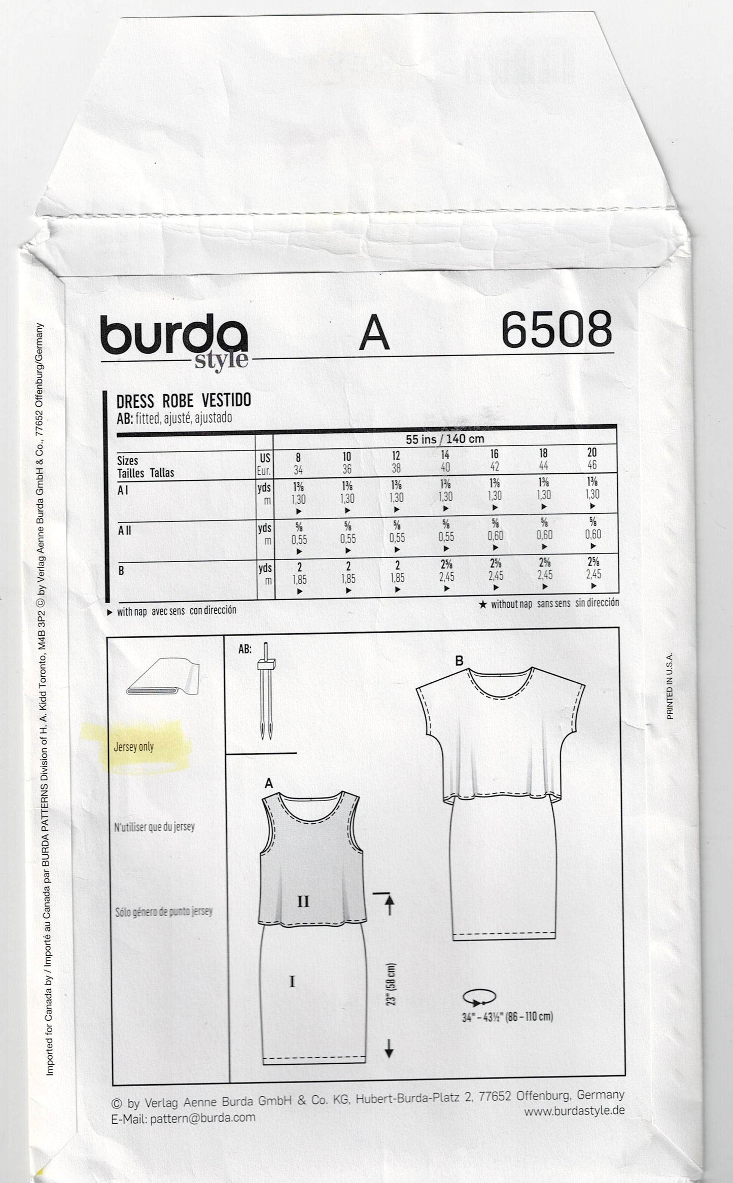 Burda Style 6508 Womens Summer Knit Dress with Bodice Overlay Out Of Print Sewing Pattern Sizes 8 - 20 UNCUT Factory Folded