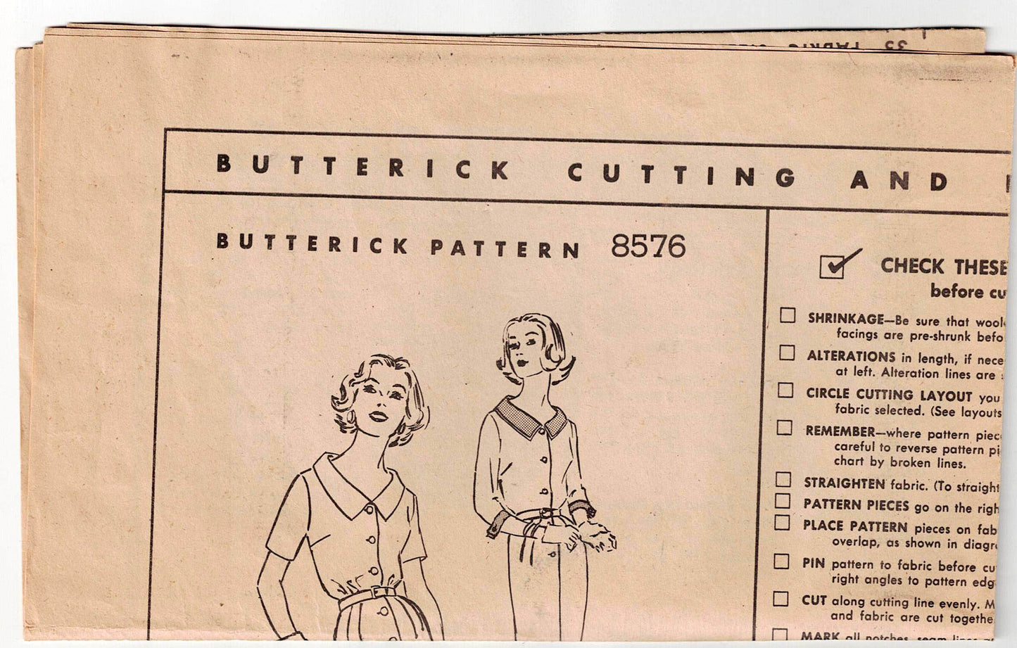 Butterick 8576 Womens Bloused Button Front Dress with Collar 1950s Vintage Sewing Pattern Size 18 Bust 38 inches