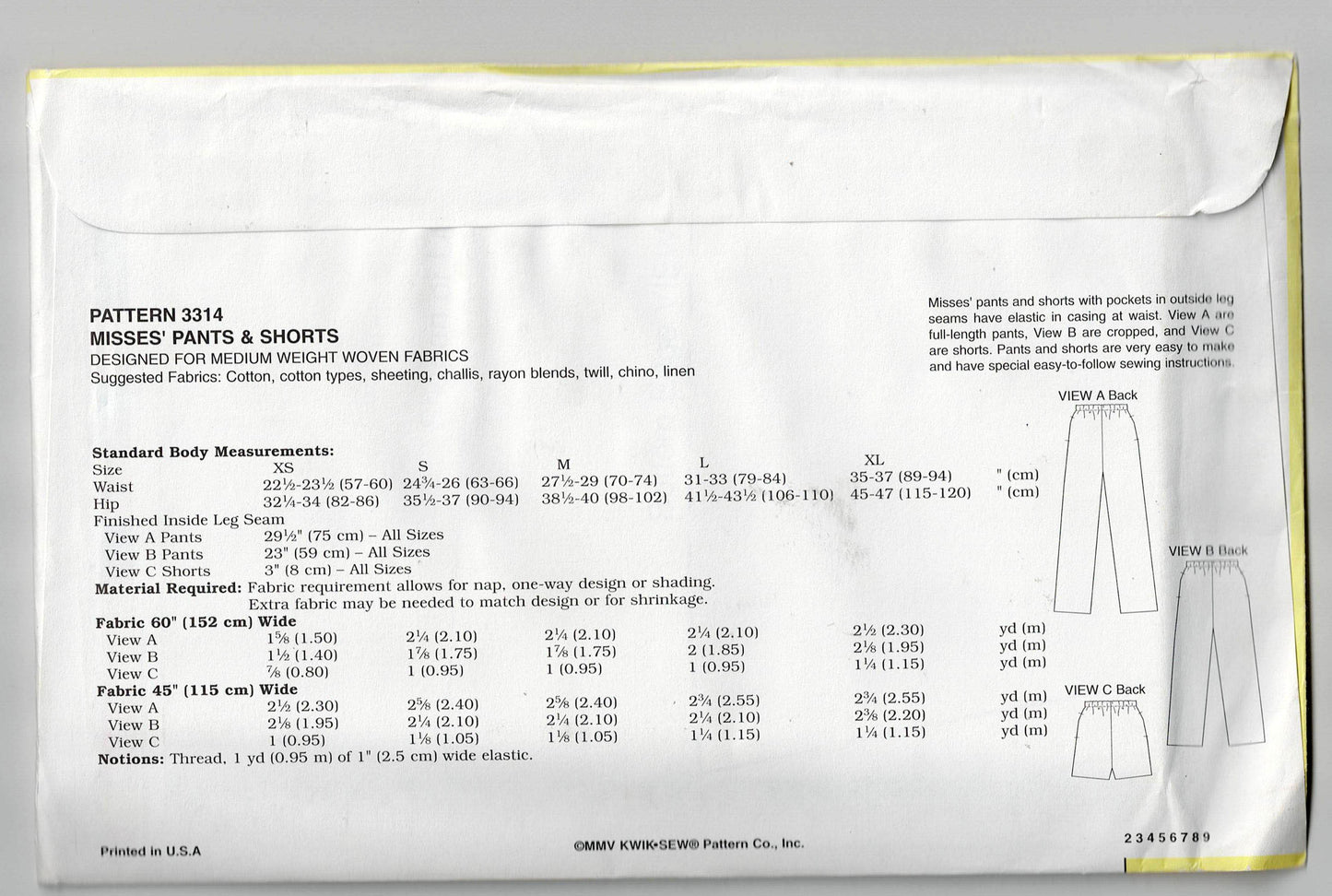 Kwik Sew 3314 Womens Beginners Elastic Waist Pants & Shorts with Pockets Out Of Print Sewing Pattern Size XS - XL UNCUT Factory Folded