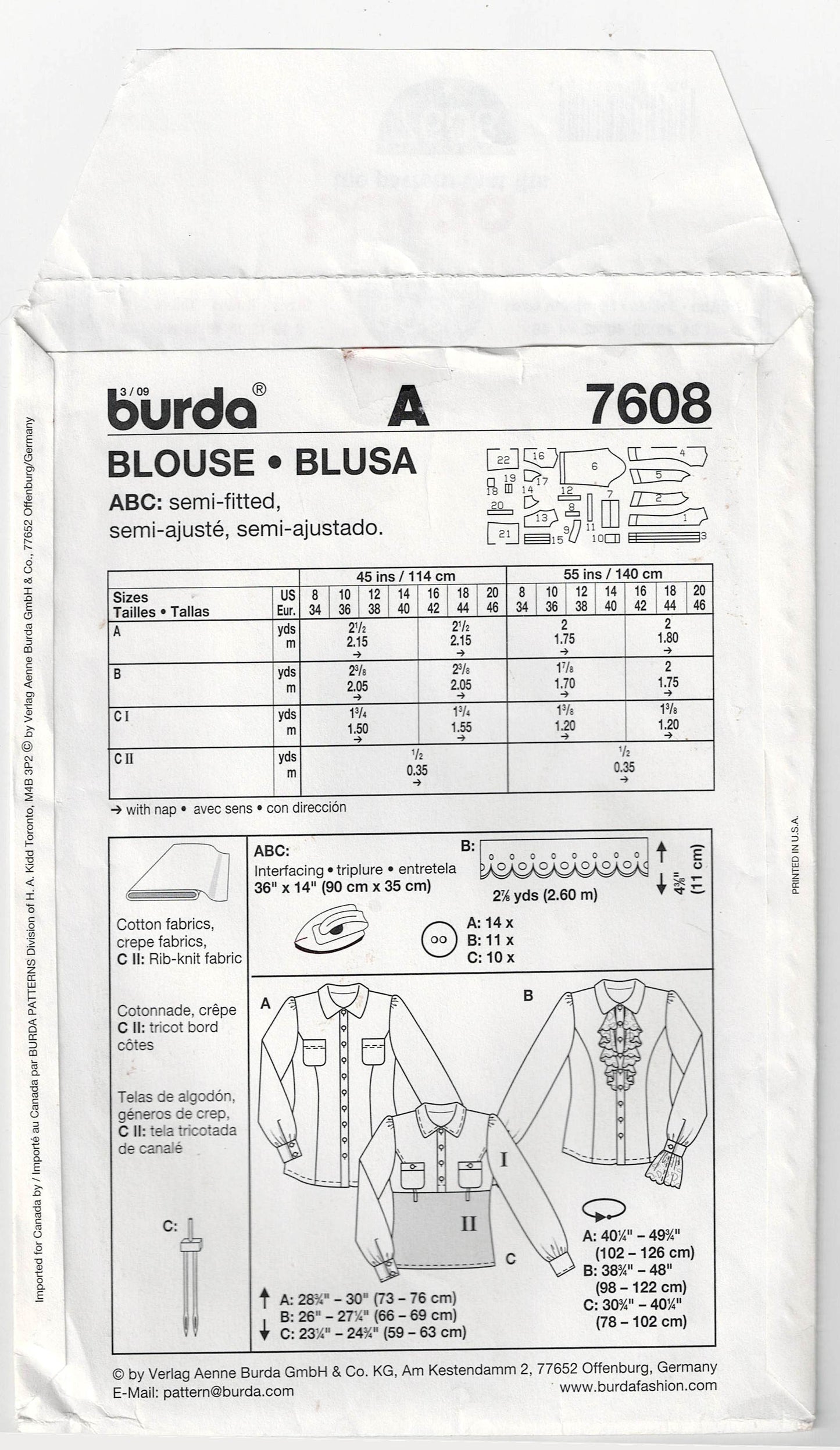 Burda Young Fashion 7608 Womens Blouses with Variations Out Of Print Sewing Pattern Sizes 8 - 20 UNCUT Factory Folded