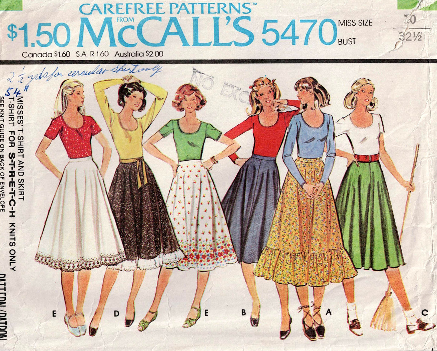 McCall's 5470 Womens Stretch T Shirt & Circle Skirt with Optional Ruffles 1970s Vintage Sewing Pattern Size 10 Bust 32.5 Inches