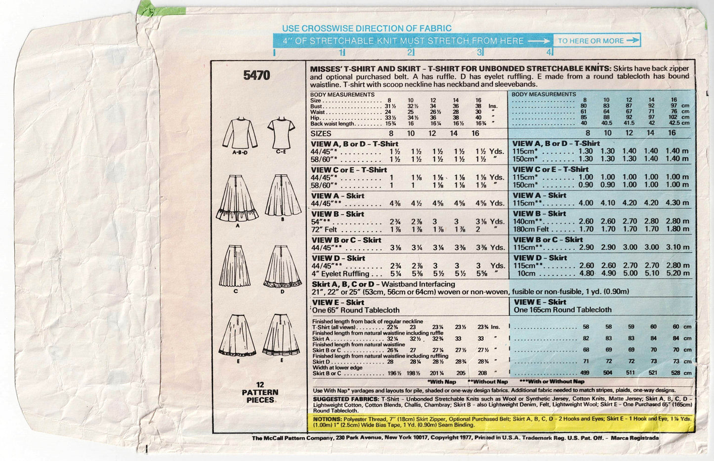 McCall's 5470 Womens Stretch T Shirt & Circle Skirt with Optional Ruffles 1970s Vintage Sewing Pattern Size 10 Bust 32.5 Inches