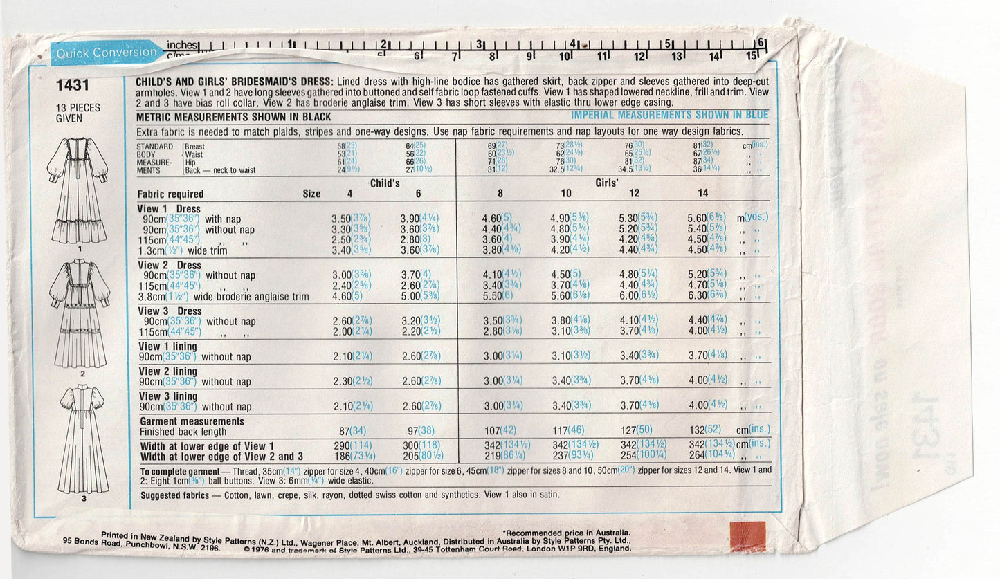 Style 1431 Toddler Girls Bridesmaid Flower Girl Dress 1970s Vintage Sewing Pattern Size 4 UNCUT Factory Folded
