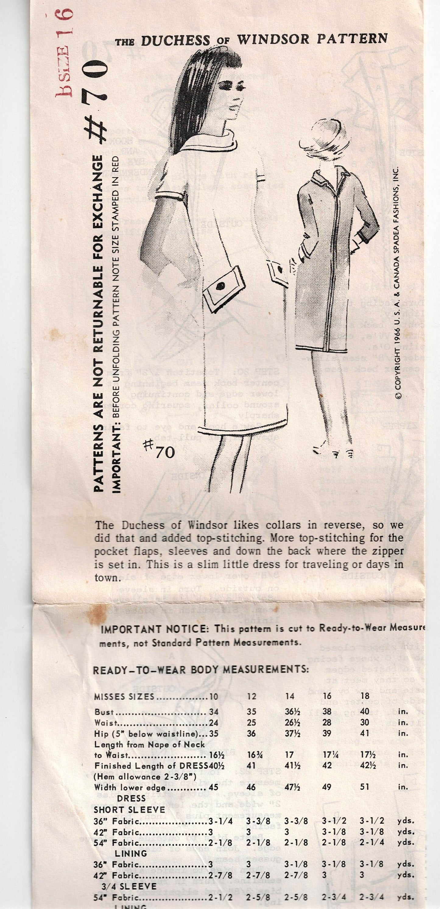 Spadea 70 DUCHESS OF WINDSOR Womens Slim Back Zippered Dress with Reverse Collar 1960s Vintage Sewing Pattern Bust 38 Inches