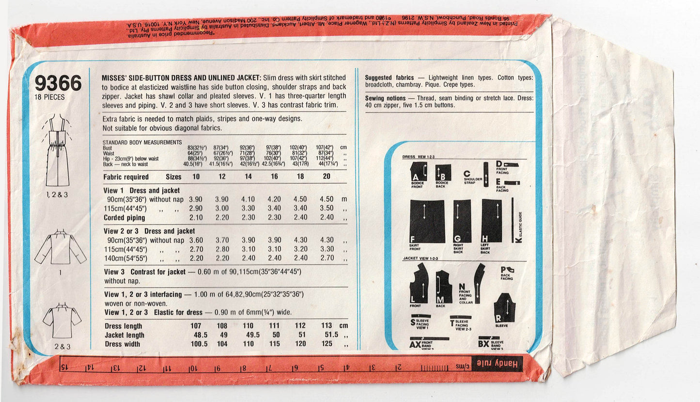 Simplicity 9366 Womens Side Buttoned Sundress & Jacket 1980s Vintage Sewing Pattern Size 14 Bust 36 inches