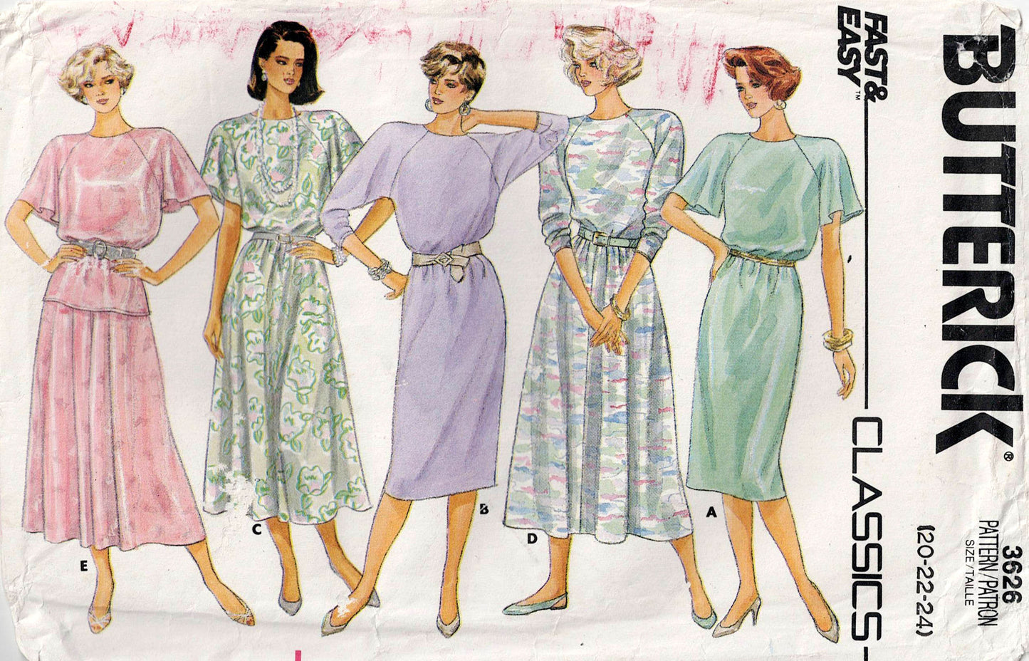 Butterick 3626 EASY Womens Raglan Sleeved Dress Top & Skirt 1980s Vintage Sewing Pattern Size 20 - 24 UNCUT Factory Folded