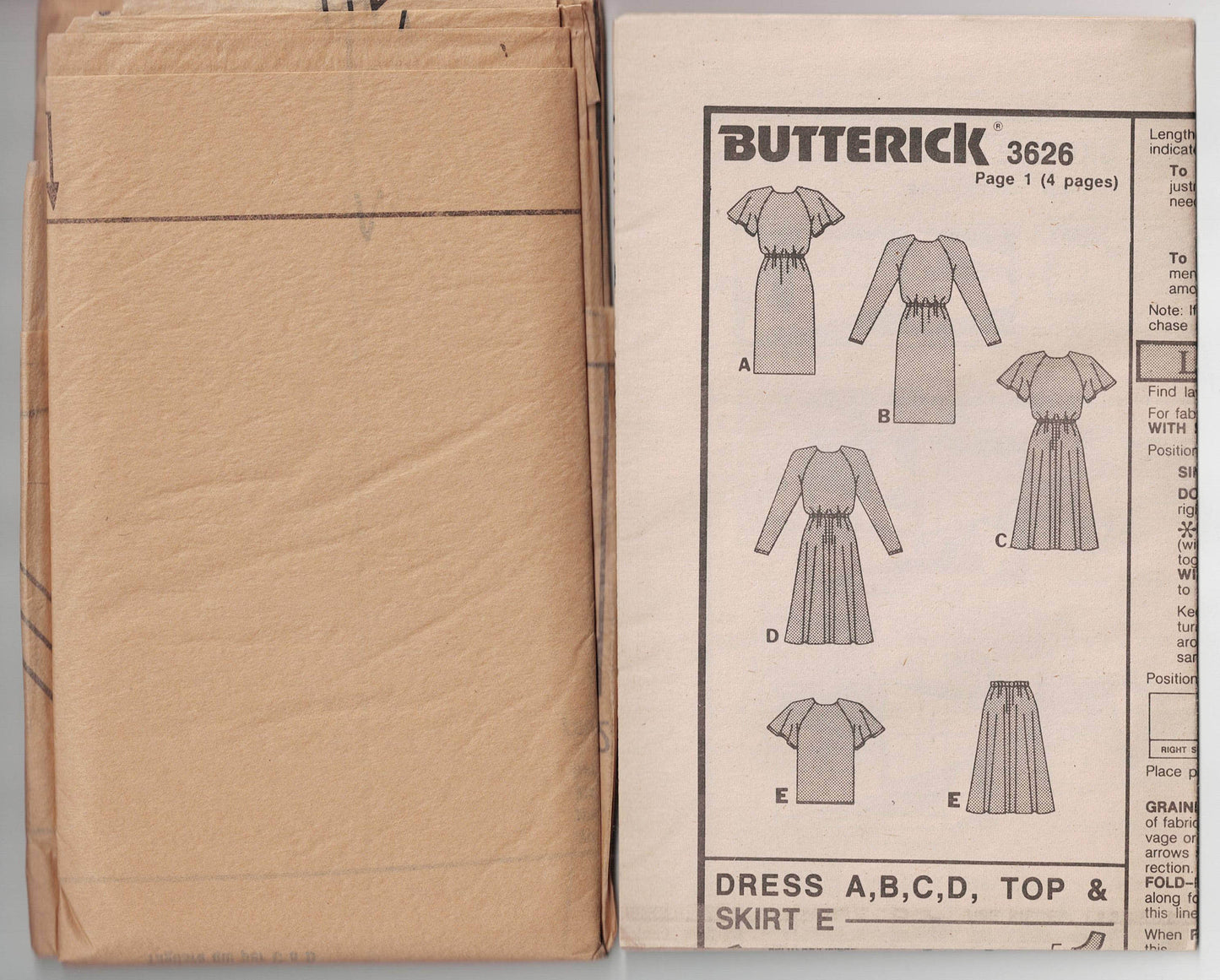 Butterick 3626 EASY Womens Raglan Sleeved Dress Top & Skirt 1980s Vintage Sewing Pattern Size 20 - 24 UNCUT Factory Folded