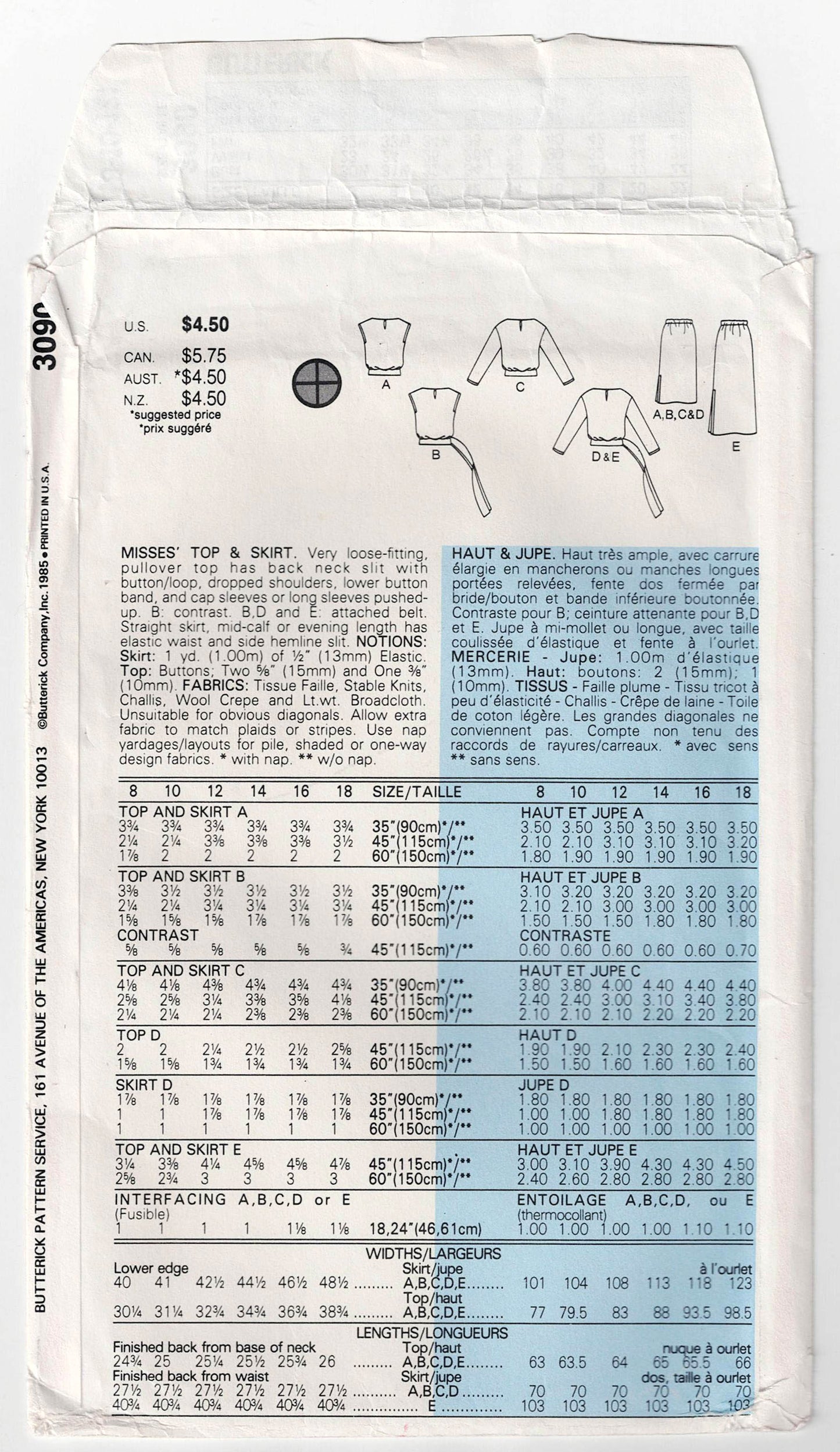 Butterick 3090 EASY Womens Casual Pullover Tops & Skirts 1980s Vintage Sewing Pattern Size 8 - 12 UNCUT Factory Folded