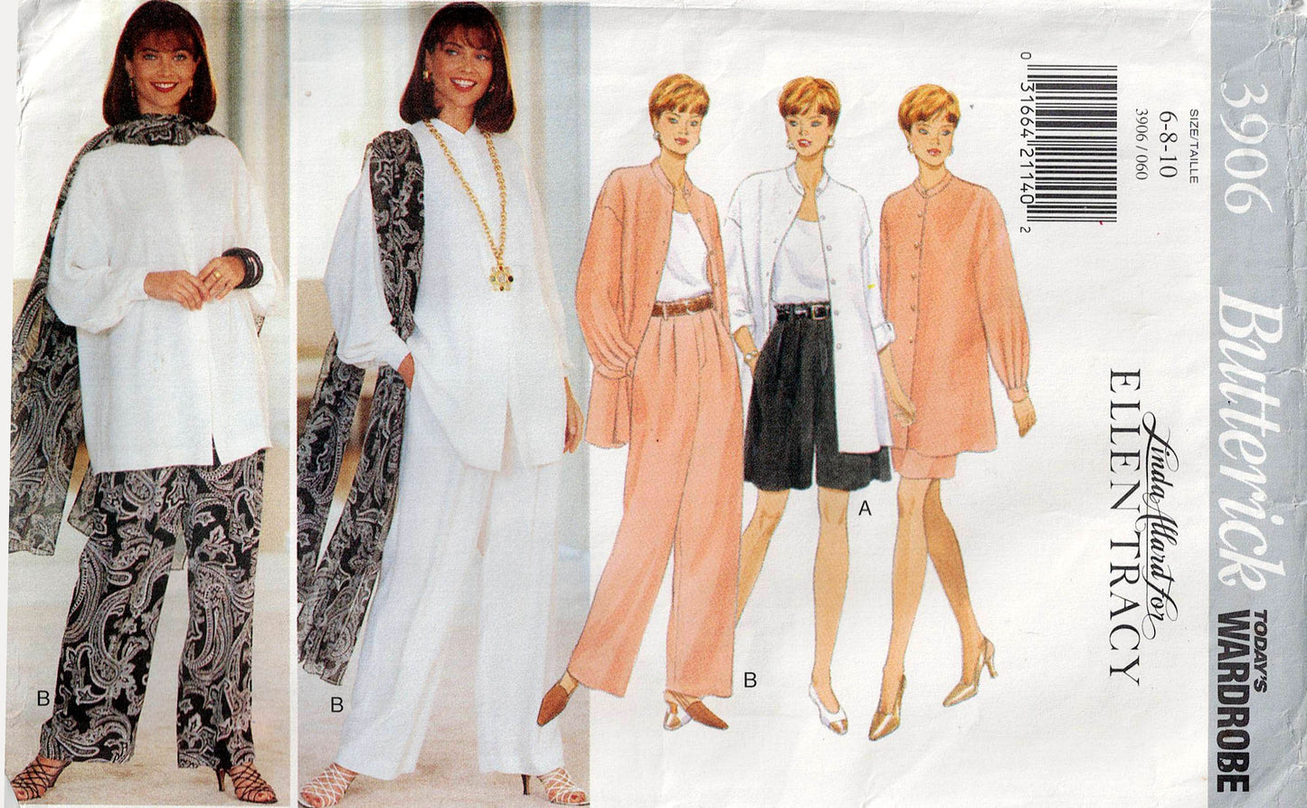 Butterick 3906 ELLEN TRACY Womens Shirt Skirt Wide Leg Shorts Pants & Scarf 1990s Vintage Sewing Pattern Size 6 - 10 UNCUT Factory Folded