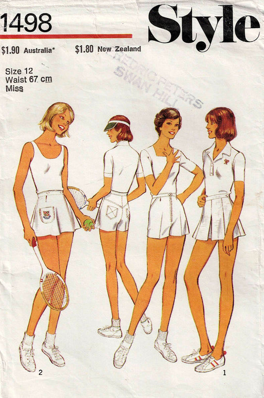 Patrón de costura vintage de los años 70 para faldas y pantalones cortos de tenis para mujer, estilo 1498, tallas 6, 8, 10 o 12