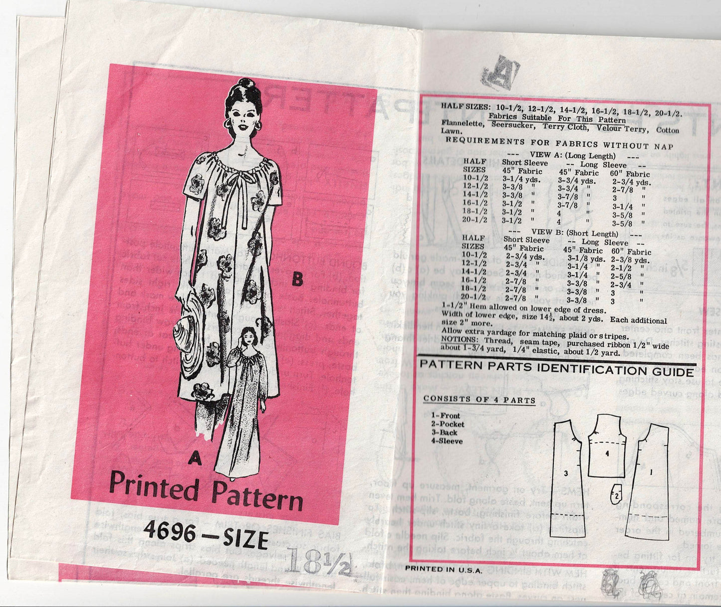 Mail Order 4696 Womens Half Size Muu Muu Style Dress or Nightgown 1970s Vintage Sewing Pattern Bust 41 inches