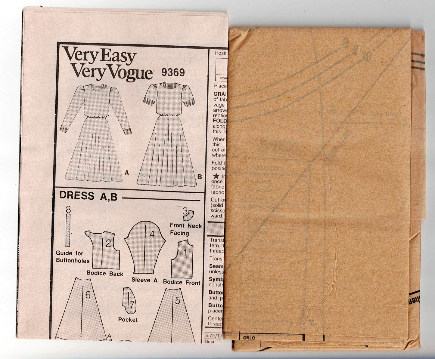 Very Easy Vogue 9369 Womens Back Buttoned Puff Sleeved Dress 1980s Vintage Sewing Pattern Size 6 - 10 UNCUT Factory Folded