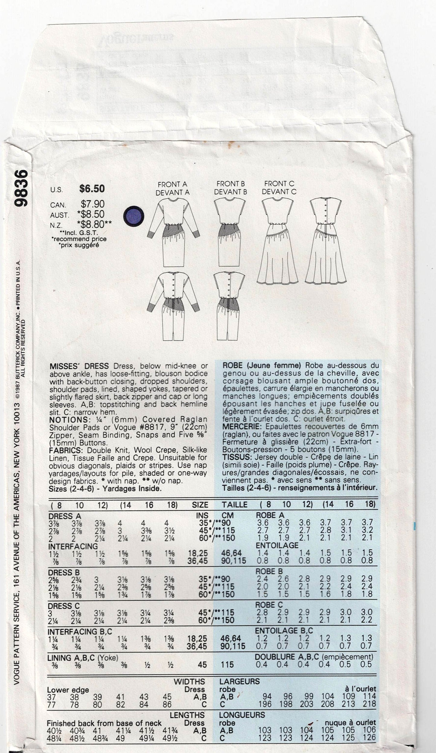 Vogue 9836 Womens Asymmetric Dresses 1980s Vintage Sewing Pattern Size 8 - 12 UNCUT Factory Folded