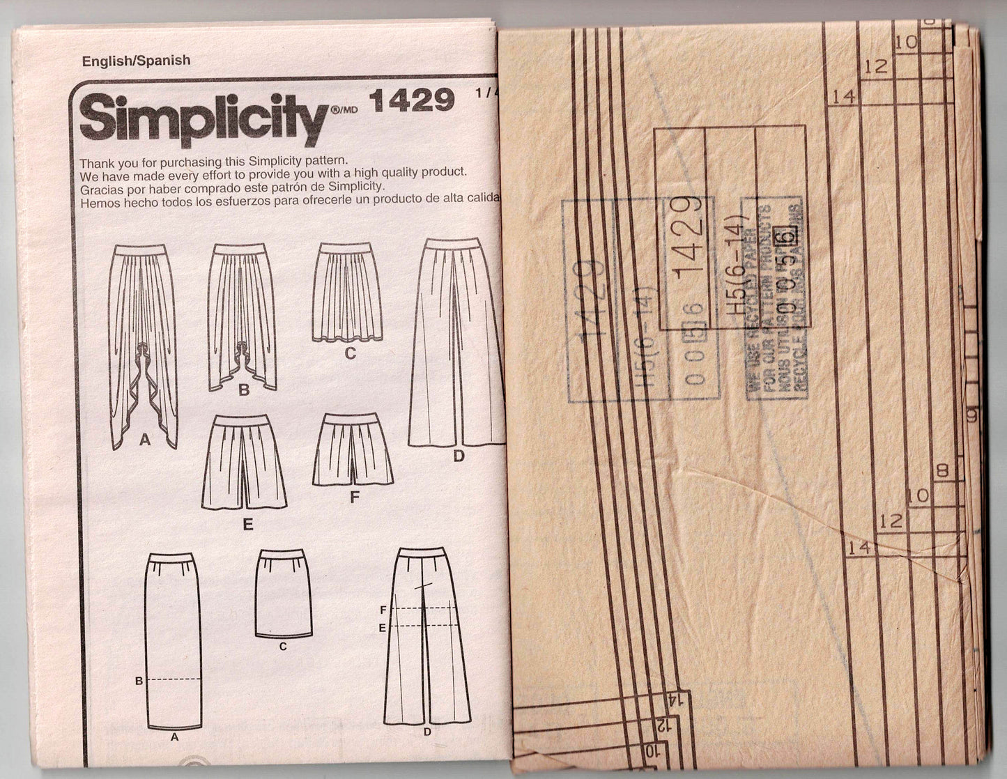 Patrón de costura Simplicity 1429 para pantalones cortos y faldas elásticos para mujer, agotados, talla 6-14, sin cortar, doblado de fábrica