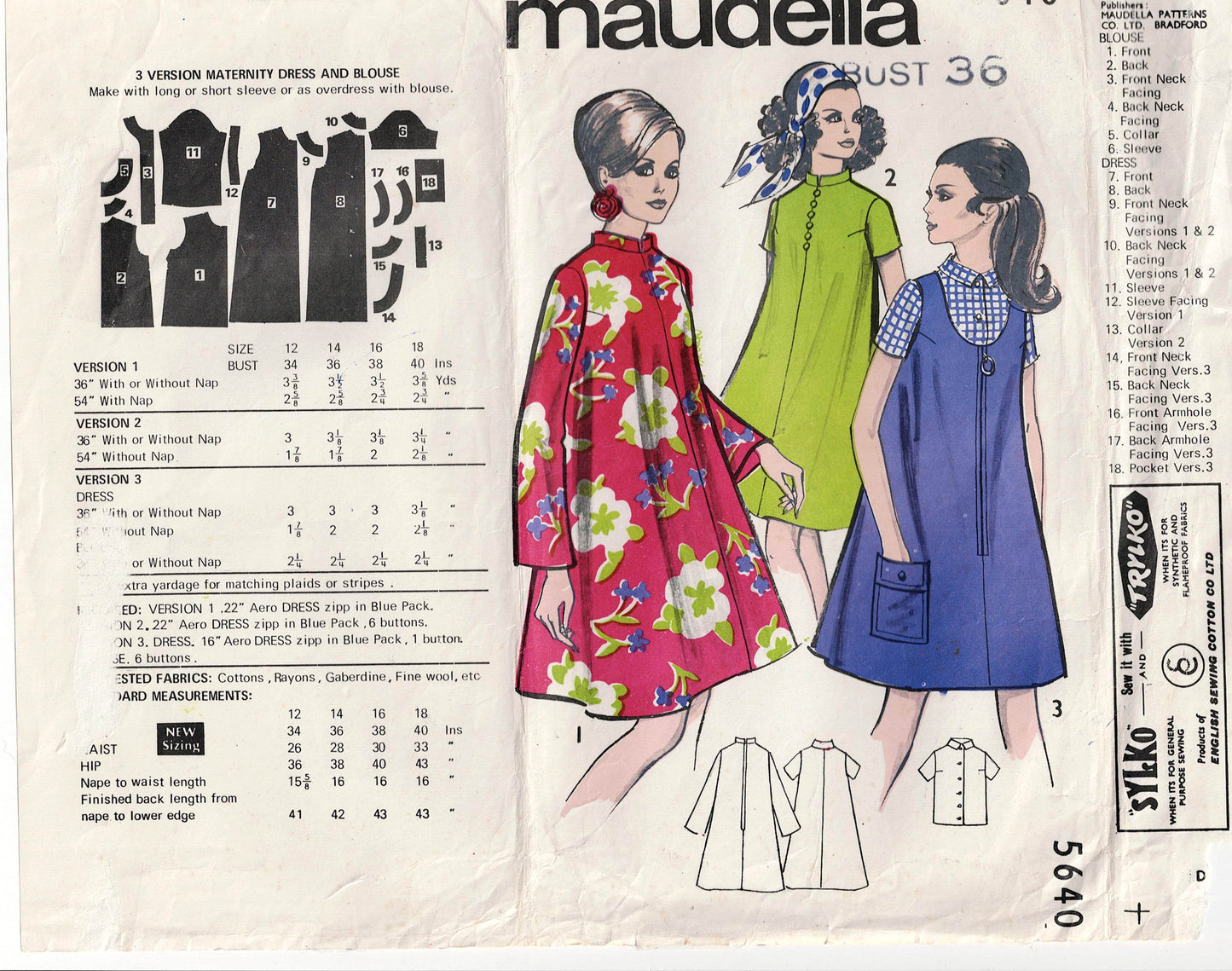 Maudella 5640 Maternity Tent Dress & Blouse 1960s Vintage Sewing Pattern Bust 36 inches UNUSED Factory Folded