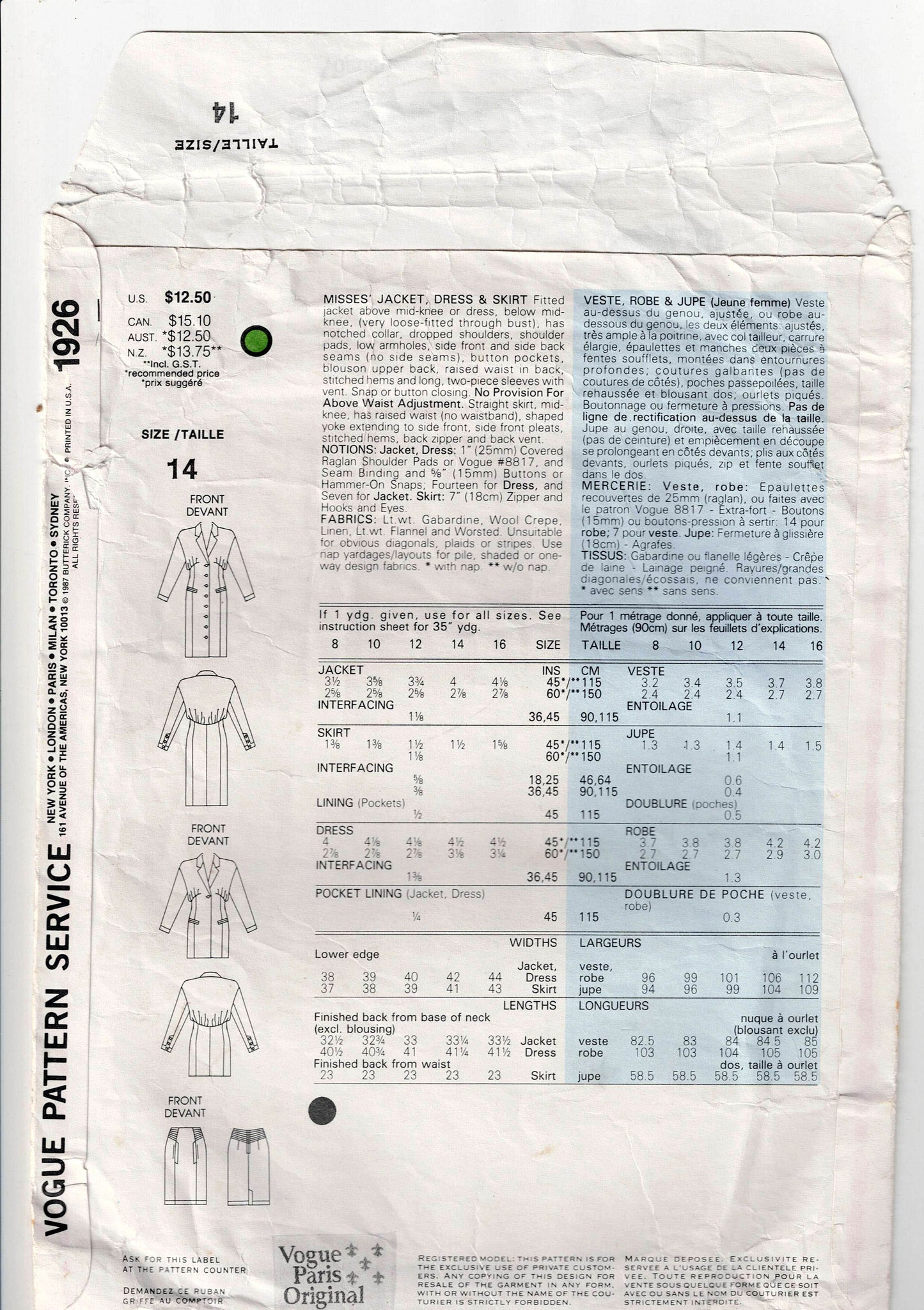 Vogue Individualist 1926 MONTANA Womens Jacket Dress & Skirt 1980s Vintage Sewing Pattern Size 14 Bust 36 Inches