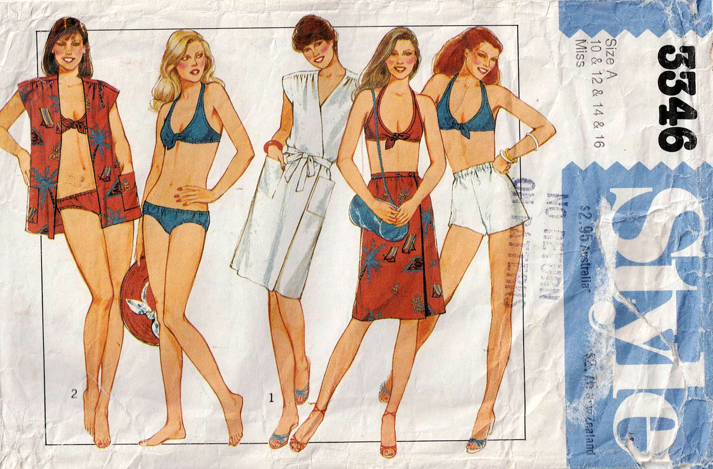 Style 3346 Womens Beach Robe Wrap Skirt Shorts & Bikini 1980s Vintage Sewing Pattern Size 10 & 12