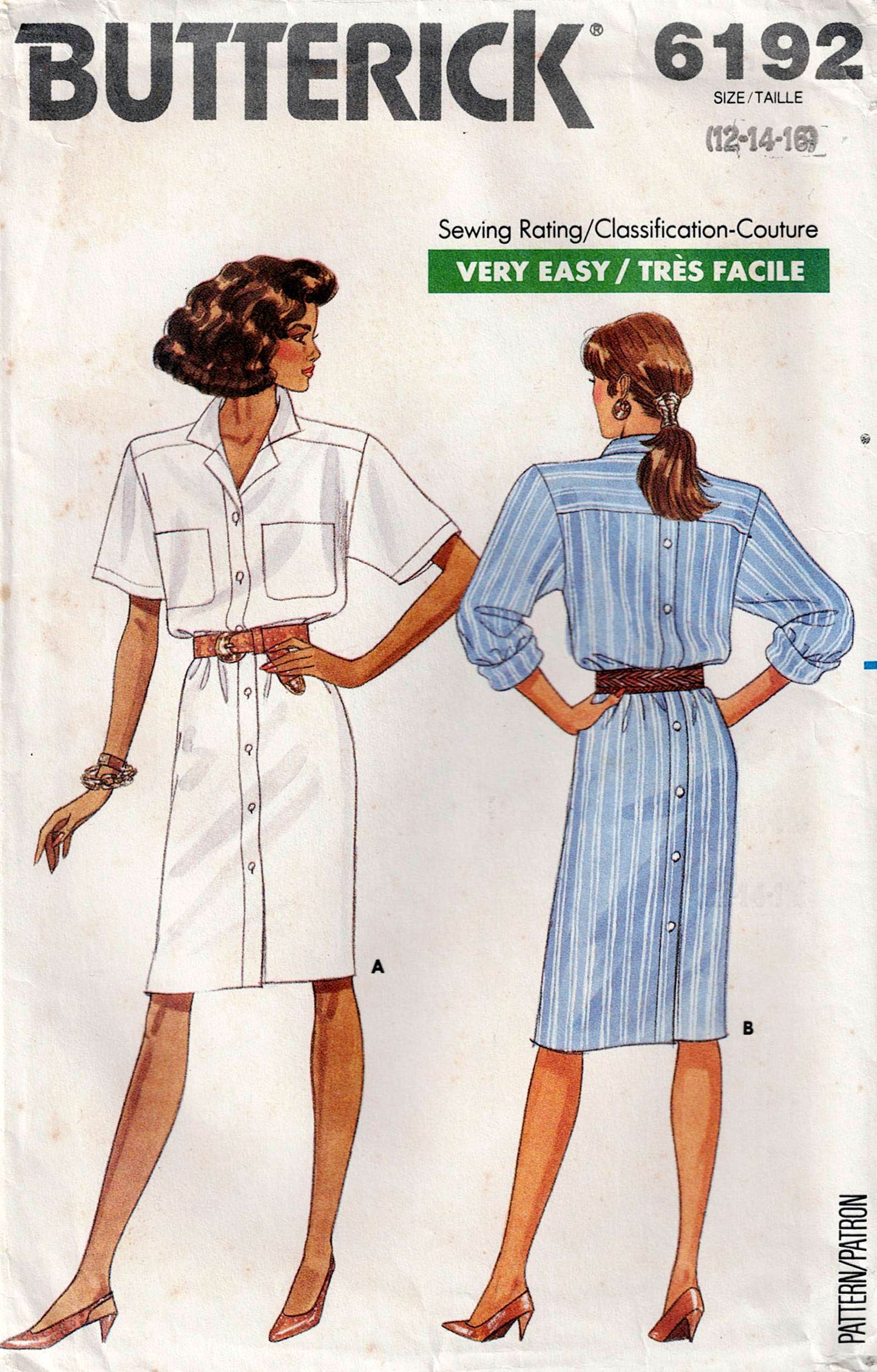 Butterick 6192 Womens Front or Back Buttoned Shirtdress 1980s Vintage Sewing Pattern Sizes 12 - 16 UNCUT Factory Folded